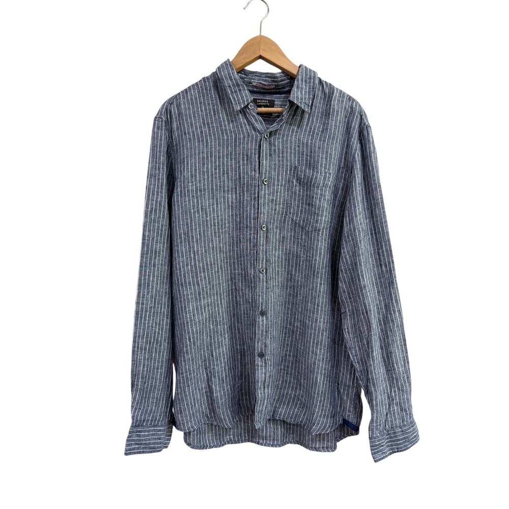 Galeries Lafayette Mens XL Blue White Striped 100% Linen Long Sleeve Shirt